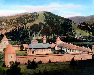 Rumænien, Bukovina, Sucevita-klosteret, der ligger i Sucevita-floddalen, billeddato: ca. 1920. Carl Simon-arkivet af Carl Simon
