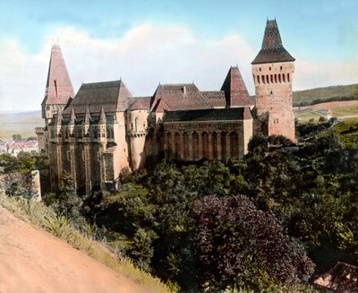 Rumænien, Transsylvanien, Hunyad Slot (også kendt som Hunyadi Slot, Corvin Slot eller Hunedoara Slot), billeddato: ca. 1920. Carl Simon-arkivet af Carl Simon