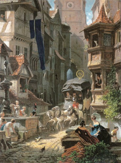 Ankomst af stagecoach af Carl Spitzweg