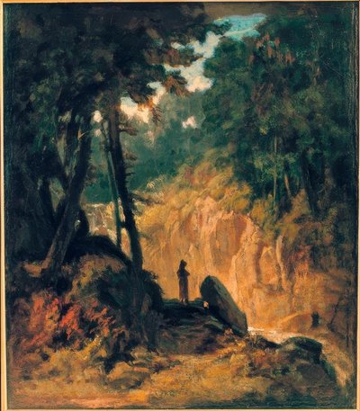 Skovklædt landskab med et vandfald på bredden med Kapuzinerm af Carl Spitzweg