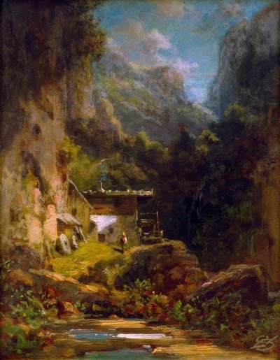 Mølle i skovkløft med en figur af Carl Spitzweg