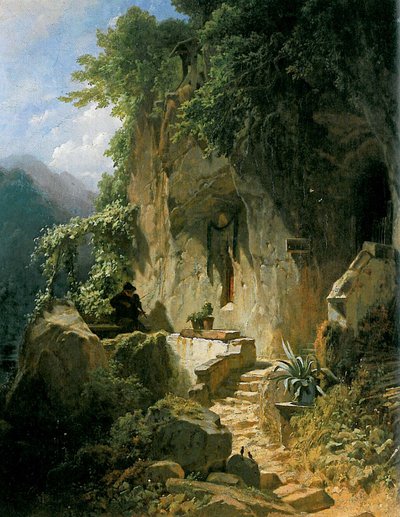 Musikskabende eremit foran sin rockeremitage af Carl Spitzweg