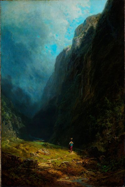 ""Paysage de haute vallee alpine"" Vue du mont Wendelstein Allemagne (I det alpine højdalslandskab med Mt Wendelstein) Peinture de Carl Spitzweg (1808-1885) Olie på lærred vers 1871 Dim 88,5x59 cm Museum Kunstpalast, Düsseldorf af Carl Spitzweg