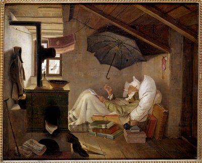 Stakkels digter En gammel mand ligger på et loft. Maleri af Carl Spitzweg (1808-1885) 1839. Dim. 0,36 X 0,44 m Berlin, Altes Museum, Tyskland - Den fattige digter. En gammel mand sengeliggende på et loft. Maleri af Carl Spitzweg (1808-1885) af Carl Spitzweg