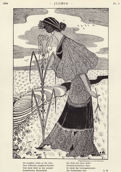 Kvinde, der lugter en blomst (litho) af Carl Strathmann