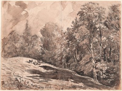 En eng med en hyrde og geder i udkanten af en skov af Carl Wagner