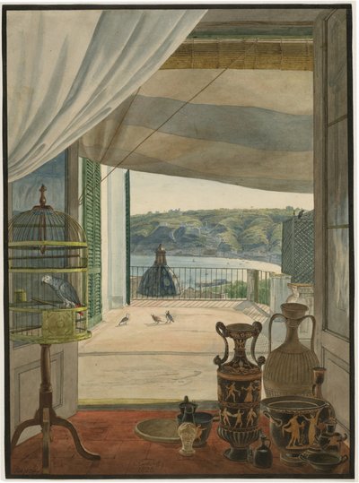 Antikviteter ved en balkon med udsigt over Napoli-bugten af Carl Wilhelm Götzloff