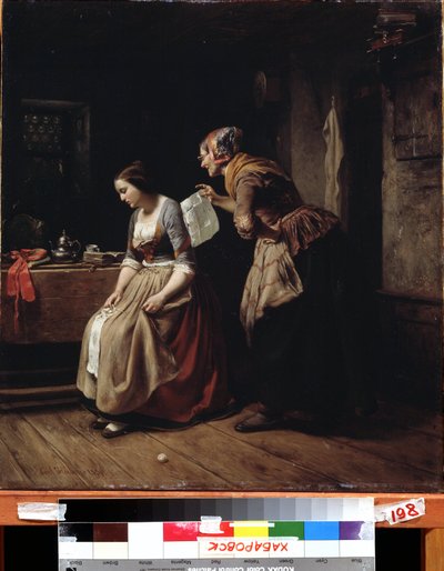 ""Brevet"" (Et brev) En tjener bringer et brev til en ung pige i fortvivlelse. Maleri af Carl Wilhelm Hubner (1814-1879) 1800-tallets fjernøstlige kunstmuseum, Khabarovsk, Rusland af Carl Wilhelm Hübner