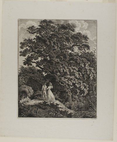 Skovlandskab med et elegant par, der går under en eg af Carl Wilhelm Kolbe, the elder