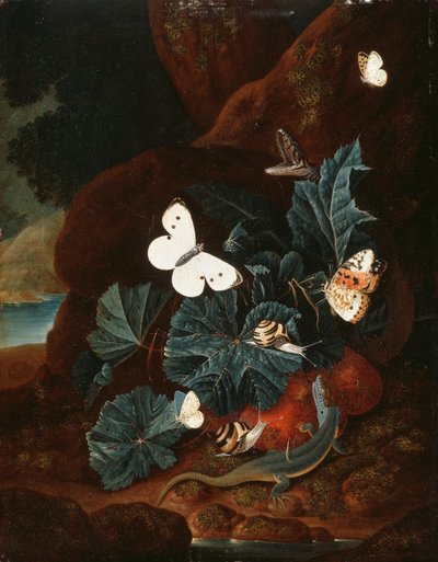 Et skovbundsstilleben med en firben, sommerfugle, snegl og en slange (olie på panel) af Carl Wilhelm de Hamilton