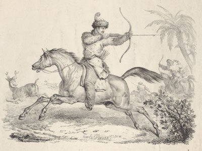 Kosakker til hest på jagt på hjorte, 1821-36. af Carle Vernet