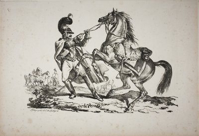 Cuirassier til fods holder sin opdrætshest tilbage af Carle Vernet