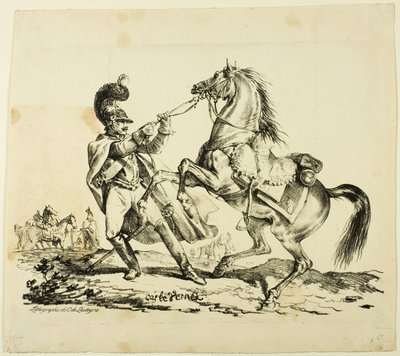 Cuirassier til fods, der holder sin opvæksthest tilbage af Carle Vernet