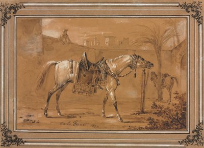 Sadlet araberhest i gården af Carle Vernet