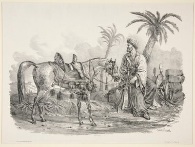 Siddende araber holder tøjlen på en arabisk hest af Carle Vernet