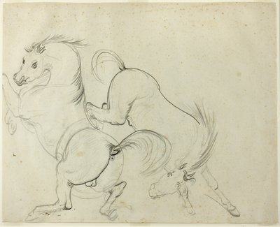 To heste, der kaster sig (recto); Mand på en sparkende hest (verso) af Carle Vernet