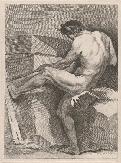 Mand, der trækker i et reb, hans fod afstivet af Carle van Loo