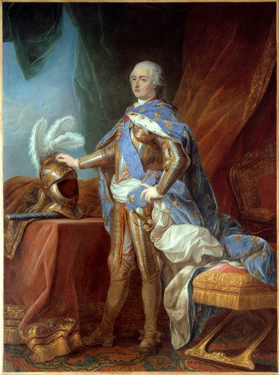 Portræt i foden af Ludvig XV (1710-1774), i rustning, hånd anbragt på et ror. Maleri af Carle Van Loo (1705-1765), olie på lærred (271 x 193 cm) af Carle van Loo