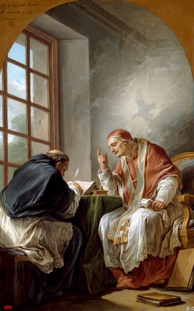"Sankt Gregor, kendt som Gregor I den Store (540-604), pave og kirkens læge, dikterer sine homilier. Han er inspireret af Helligånden, symboliseret ved en due. Maleri af Carle Van Loo (1705-1765) 1764 Dim. 101x75,2 cm Privat samling af Carle van Loo