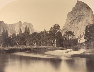 River View, Down the Valley, Cathedral Rock til venstre, 1861, Yosemite. af Carleton Emmons Watkins