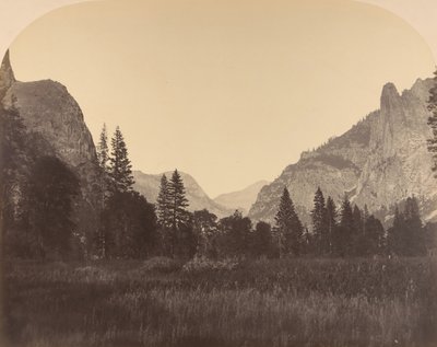 Up the Valley, North Dome i Center, Sentinel til venstre, 1861. af Carleton Emmons Watkins