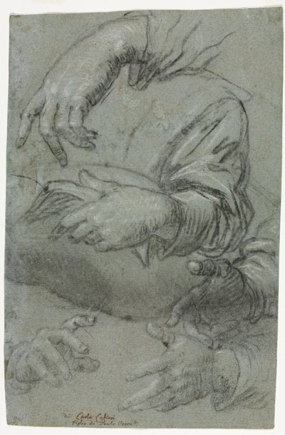 Studier af hænder recto, skitse af et barns hoved verso, ca. 1586. af Carletto Caliari