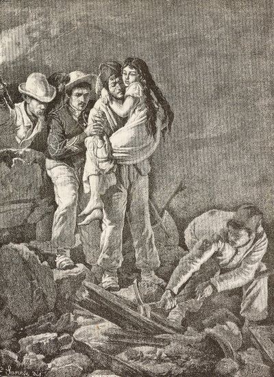En pige bliver reddet efter at hendes hjem kollapsede, jordskælvet i Casamicciola, Italien, gravering fra en tegning af E Sanesi og et maleri af Carlo Ademollo (1824-1911), fra L