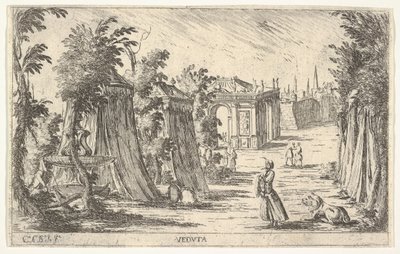 Udsigt med en mand i turban og en løve stående til højre, telte og klassisk archite..., 1680-1710. af Carlo Antonio Buffagnotti