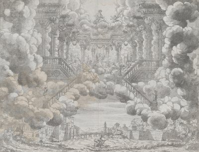 Scenografi med allegoriske figurer på en trappe, fra 