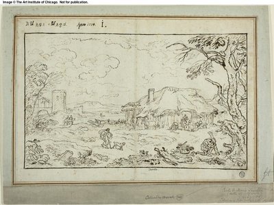 Landevejskryds med landbrugsbygninger i forgrunden af Carlo Antonio Tavella