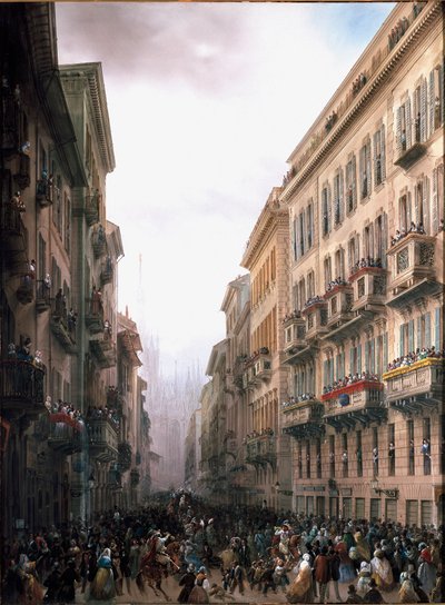 Karneval i Milano-gaden (olie på lærred, ca. 1847) af Carlo Bossoli