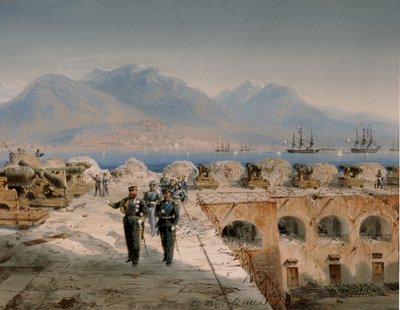 Belejring af Gaeta, inspektion af nyligt besatte fæstningsværker (tempera) af Carlo Bossoli