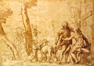 The Meeting, ca. 1590 (sepia blæk & vask på papir) af Carlo Caliari