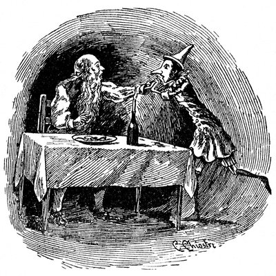 Illustration af Pinocchio af Carlo Chiostri (1863-1939), en af de første italienske illustratorer af Collodis værk. Trædukken finder sin far Gepetto i maven på den haj, der slugte dem. af Carlo Chiostri