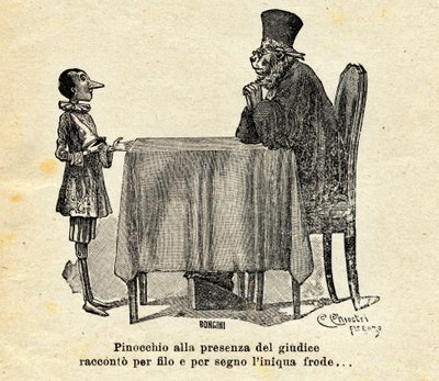 Pinocchio står over for dommeren. Illustration af Carlo Chiostri (1863-1839) til romanen "Pinocchios eventyr" af Carlo Lorenzini eller Carlo Collodi (1826-1890) 1924. af Carlo Chiostri