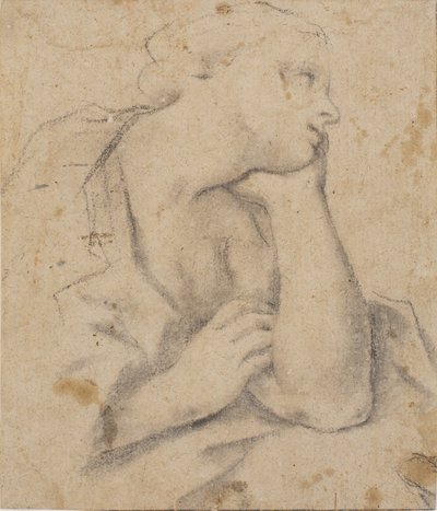Siddende kvinde, der hviler hovedet i hånden. Brystbillede af Carlo Cignani