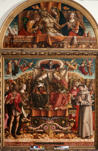 Jomfruens kroning med den hellige treenighed og hellige af Carlo Crivelli