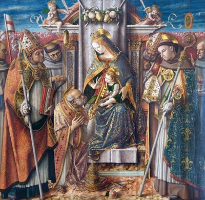 Tysk: Tronende Madonna med barnet, overrækkelsen af nøglerne til apostlen Sankt Peter og med Sankt Johannes Capistranus, Sankt Emidius, Sankt Frans, Sankt Ludvig af Toulouse, den salige Giacomo della Marca og en biskop Tronende Madonna med barnet, overrækk af Carlo Crivelli