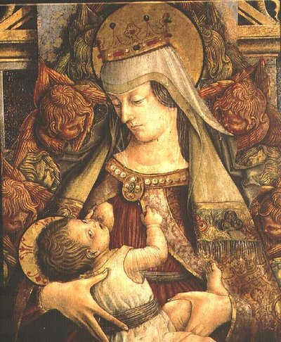 Madonna, der sutter sit barn, detalje (tempera på panel) af Carlo Crivelli
