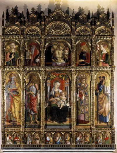 Polyptyk viser en Pieta, og den ringere part en madonna med Child af Carlo Crivelli
