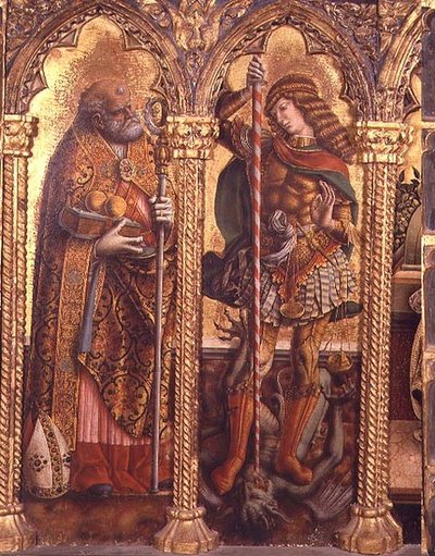 St. Nicholas og St. Michael, detalje fra San Martino polyptykonen (tempera på panel) (se 76669) af Carlo Crivelli