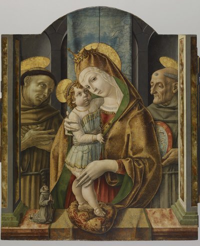 Jomfru og barn med hellige og donor, ca. 1490 (tempera og bladguld på panel) af Carlo Crivelli