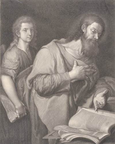 Saint Matthew, stående foran en bog til højre med en hånd på brystet, en anden mand være..., 1750-84 af Carlo Faucci