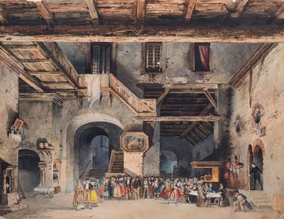Scenografi til Operaen Skæbnens styrke af Giuseppe Verdi. af Carlo Ferrario