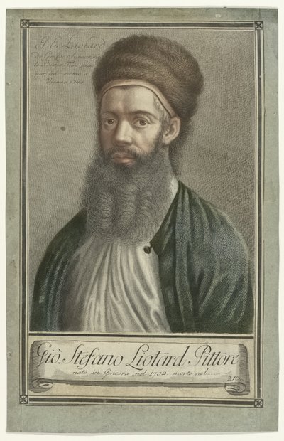 Portræt af maleren Jean-Etienne Liotard i tyrkisk kostume med skæg og pelshat Portrætter af kunstnere (serietitel) af Carlo Gregori (possibly)