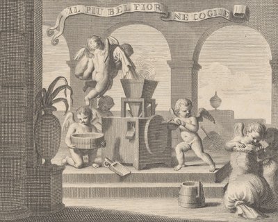 Hun samler den smukkeste blomst Il più bella fior groglie ne, en gruppe på seks putti, der arbejder ..., 1740-59 af Carlo Gregori