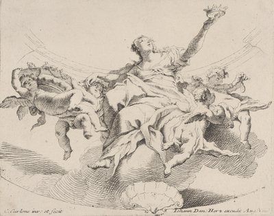 Magt, repræsenteret af en kvinde siddende på skyer med en krone og omgivet af putti,..., 1725-75. af Carlo Innocenzo Carloni