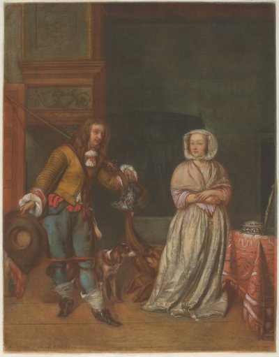 Jæger på besøg hos en dame af Carlo Lasinio after Gabriel Metsu