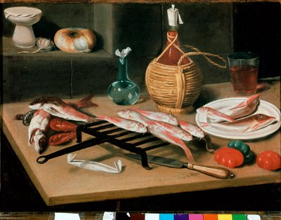Stillebensbord med grillede fisketallerkener (mullet) og en flaske vin (damigiana). Maleri af Carlo Magini (1720-1806). Faenza, Pinacoteca comunale af Carlo Magini