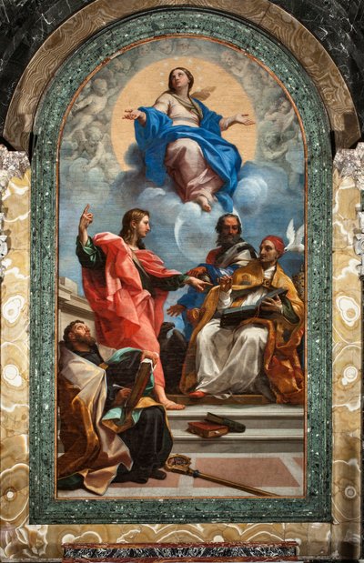 Den ubesmittede undfangelse og Sankt Johannes Evangelisten, Sankt Gregoire den Store, Sankt Johannes Chrysostom og Sankt Augustin (olie på lærred af Carlo Maratta or Maratti